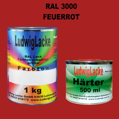 RAL 3000 1,5 kg SET seidenmatt Autolack Qualität incl. 0,5 ltr. Härter